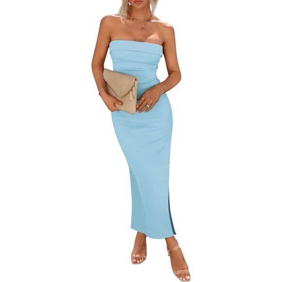 Women's Summer Bodycon Maxi Tube Dress Ribbed Strapless Side Slit Long